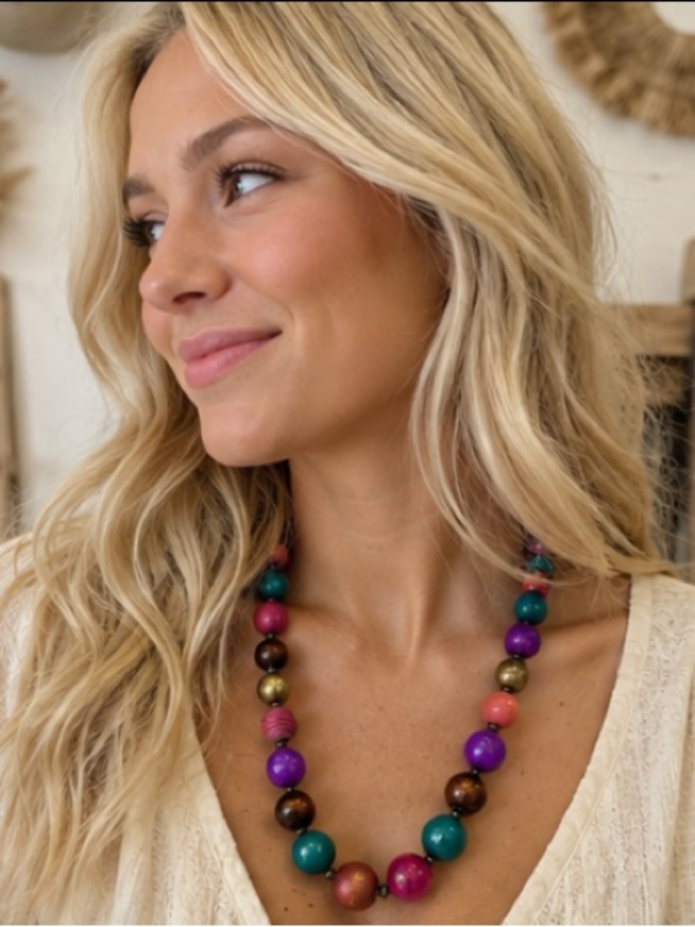 Chunky Multicolor Beaded Necklace 20” Boho Wood Resin Statement Jewelry
